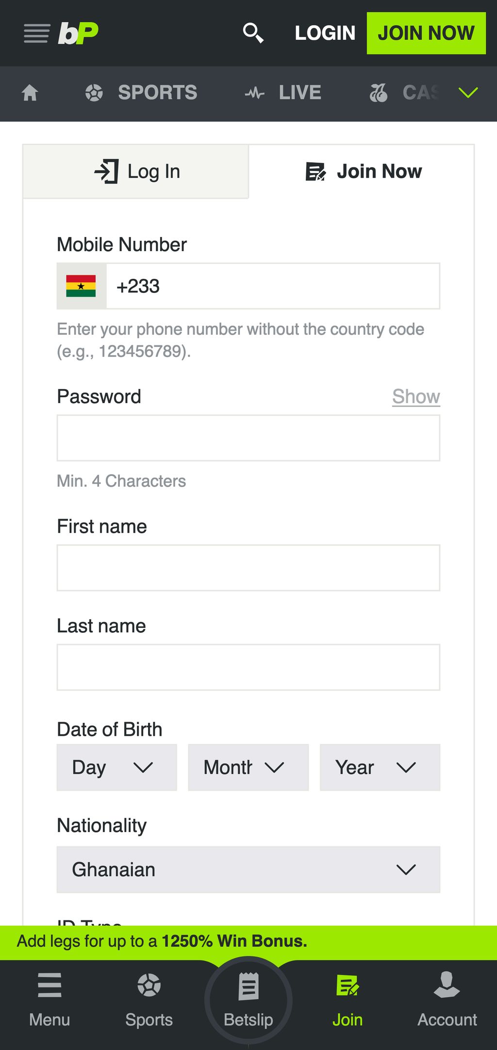 betPawa signup page