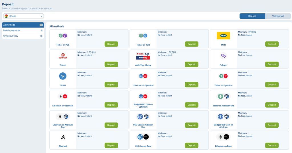 The 1xBet deposit page for Ghana with all available payment methods