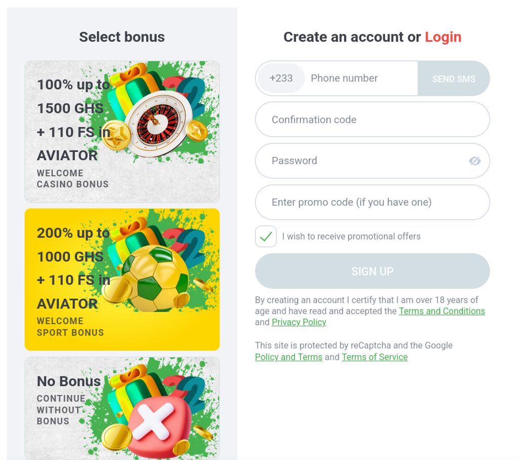 The 22Bet Ghana sign-up form — pick a bonus, then register with your phone number