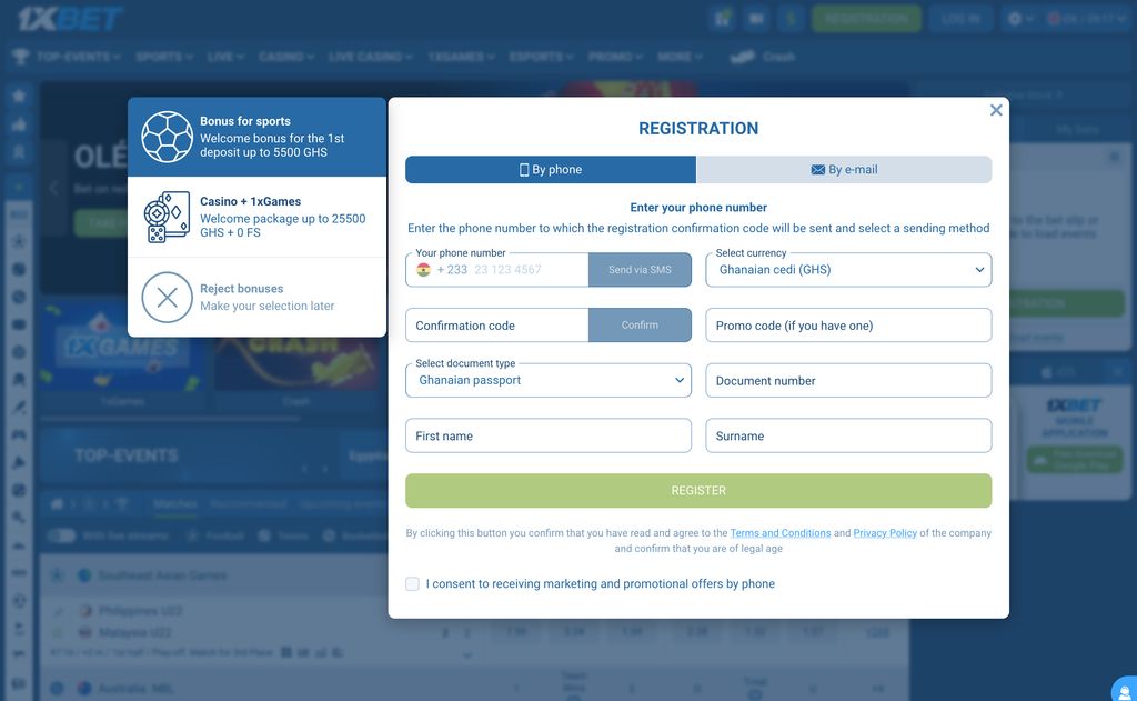 1xbet.gh registration page