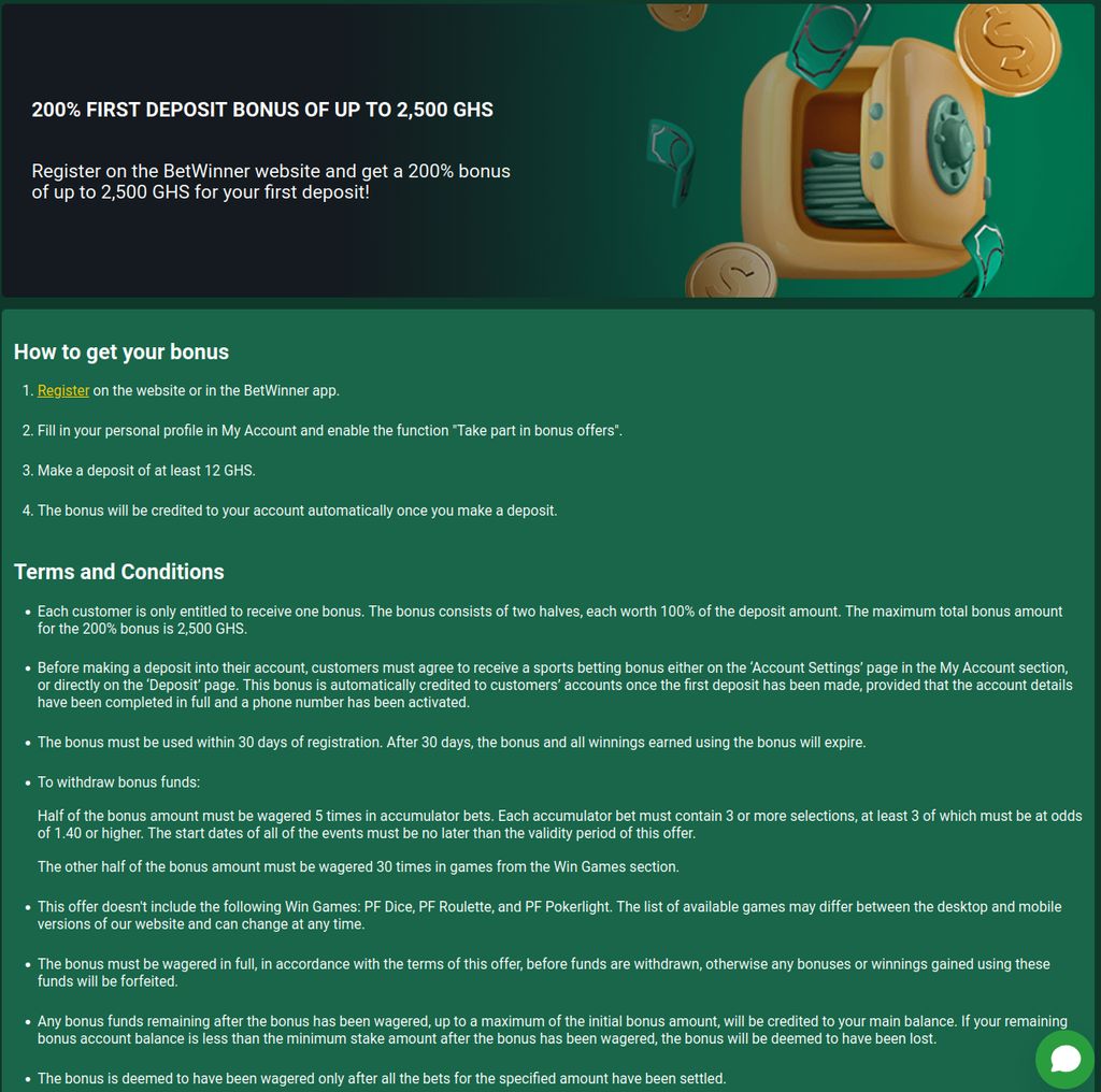 The BetWinner 200% first deposit offer and its terms for players in Ghana