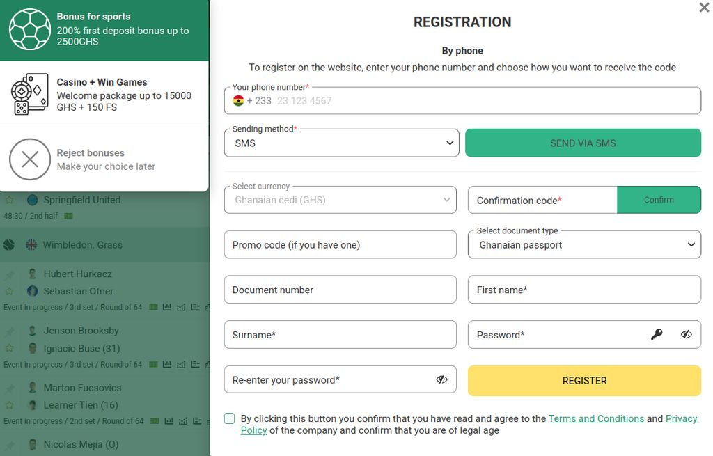 The Betwinner Ghana registration form with the phone method selected