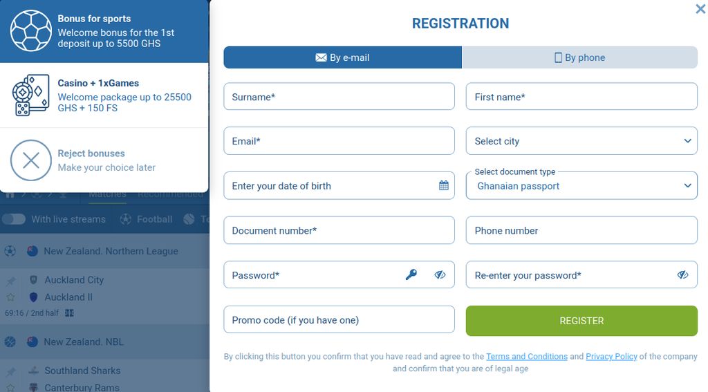 The 1xBet email registration form with the welcome bonus choices on the left