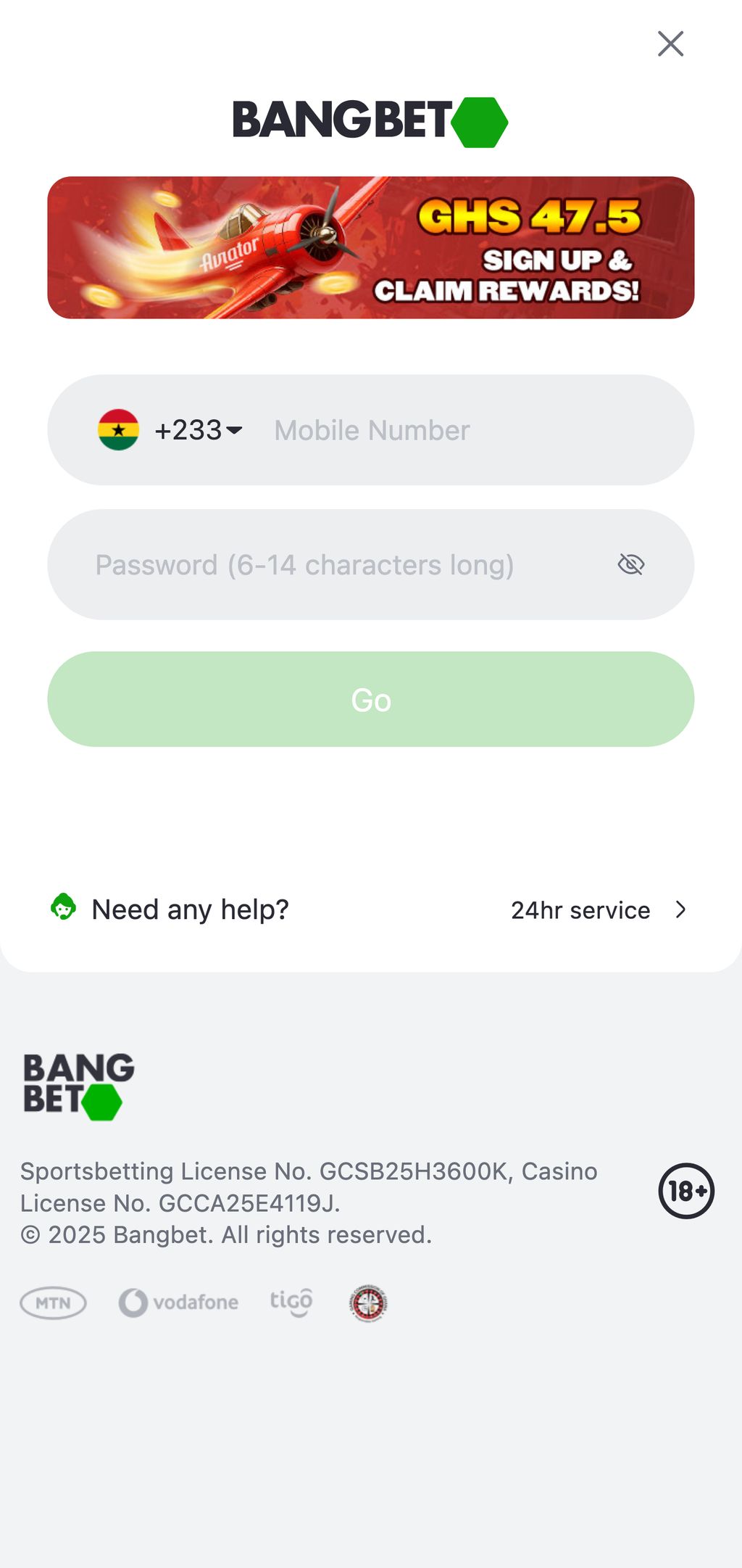 Bangbet sign-up page