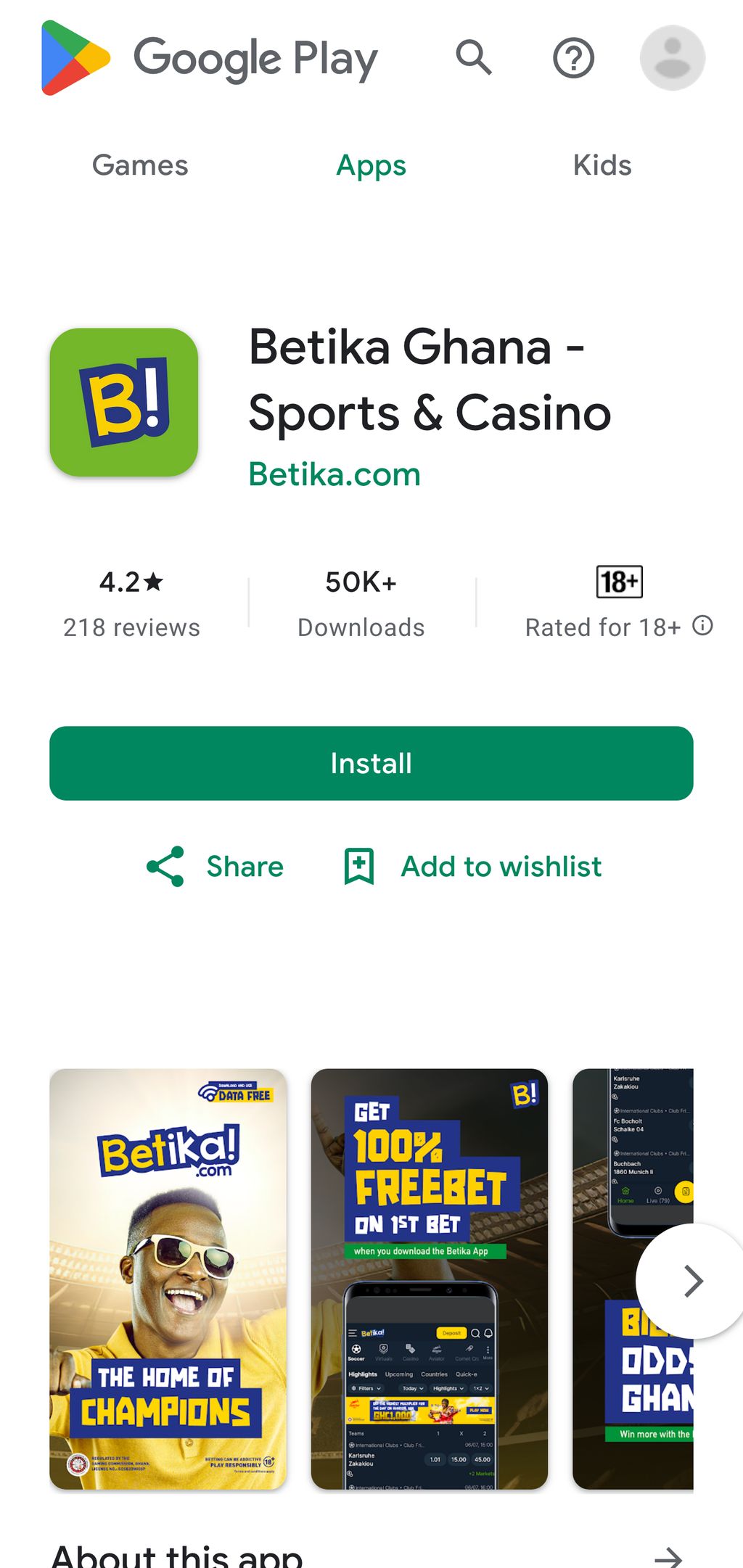 Betika android app in Google Play