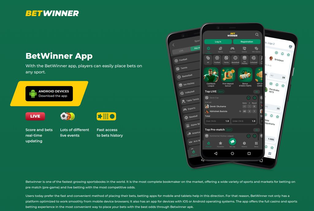 The BetWinner app page with the Android download button
