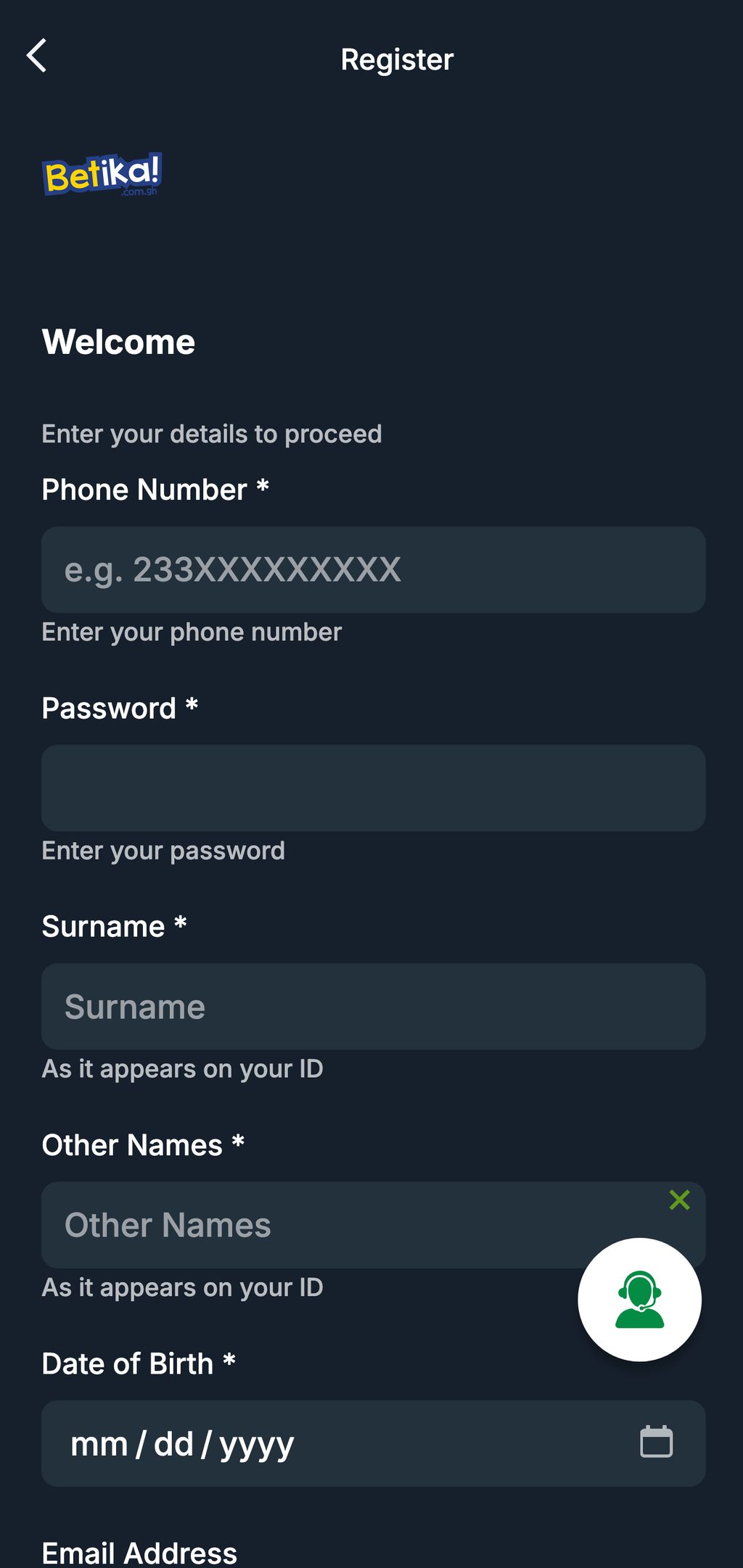 Betika signup page