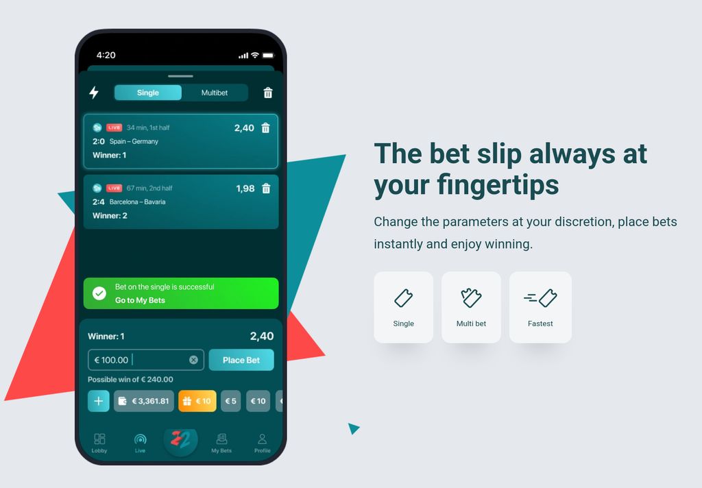 The 22Bet bet slip with Single and Multibet modes