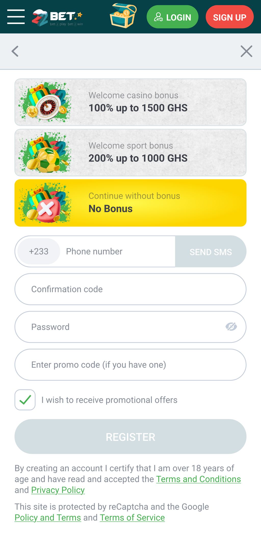 22bet.com.gh sign-up form 