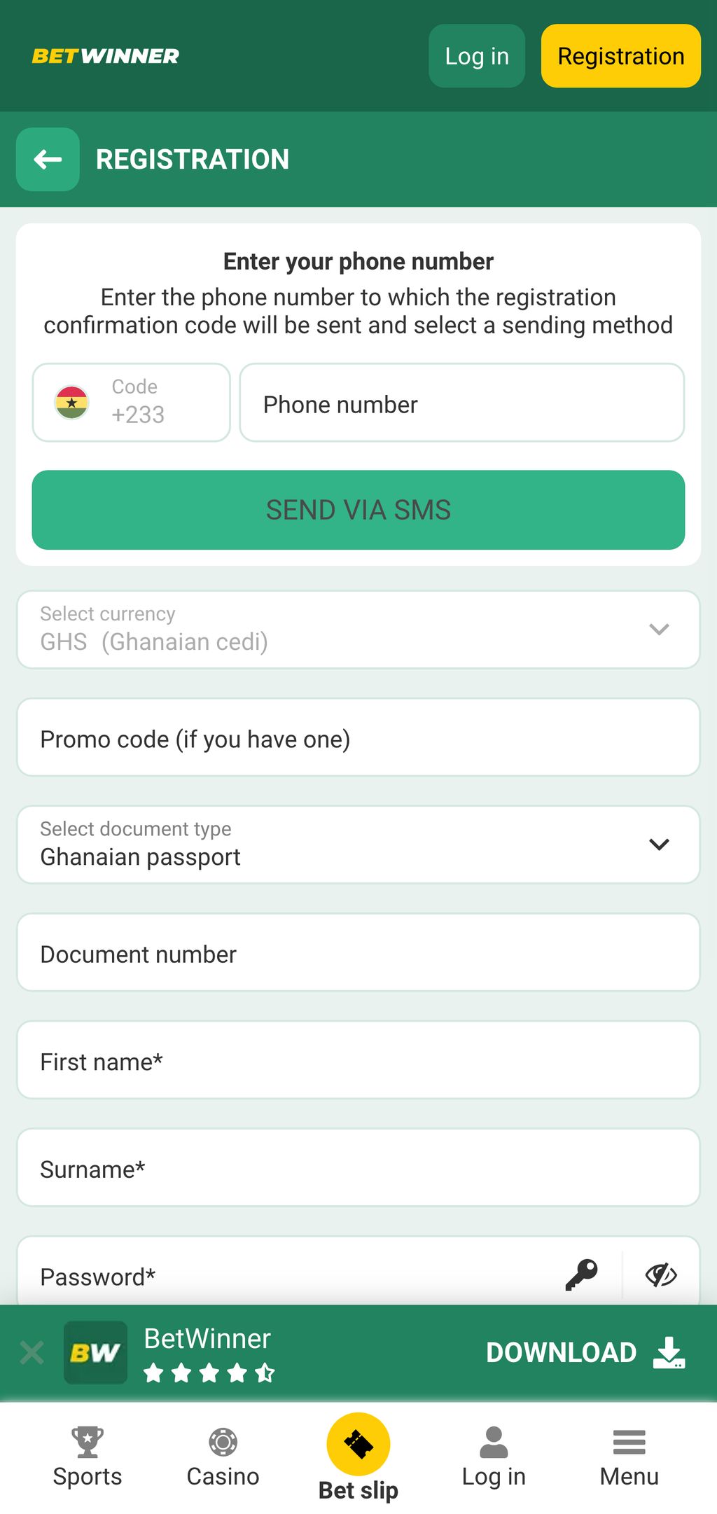 Betwinner signup