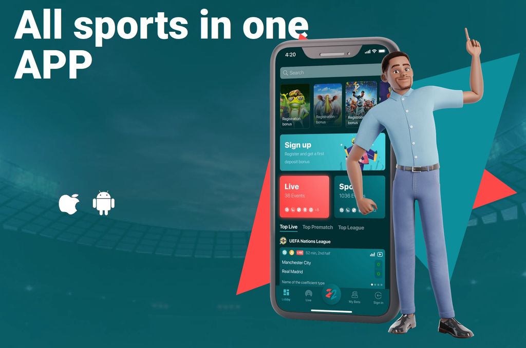 The 22Bet app home screen, available for both Android and iOS.