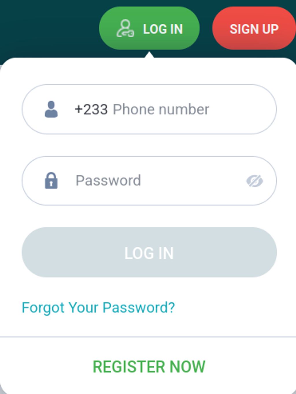 The 22Bet Ghana login form — phone number and password